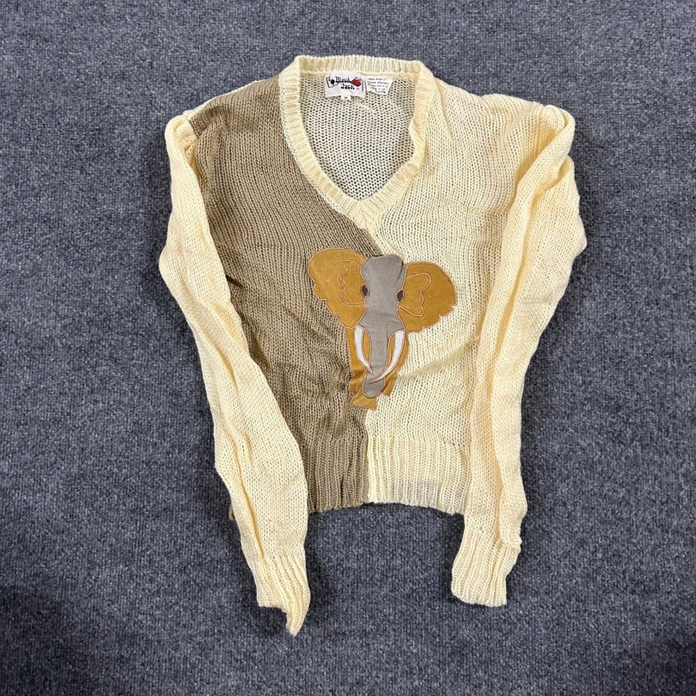 Black Jack Sweater Womens Size M Cream Tan Elephant Patch V-Neck Vintage Knit